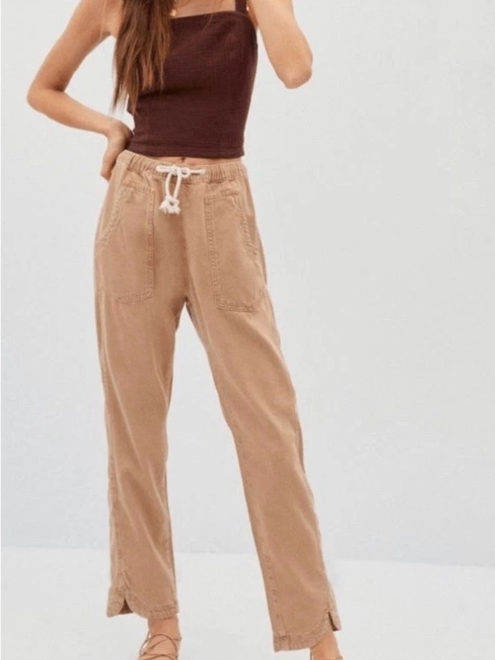 Pilcro Tan Drawstring Straight-Leg Utility Pants